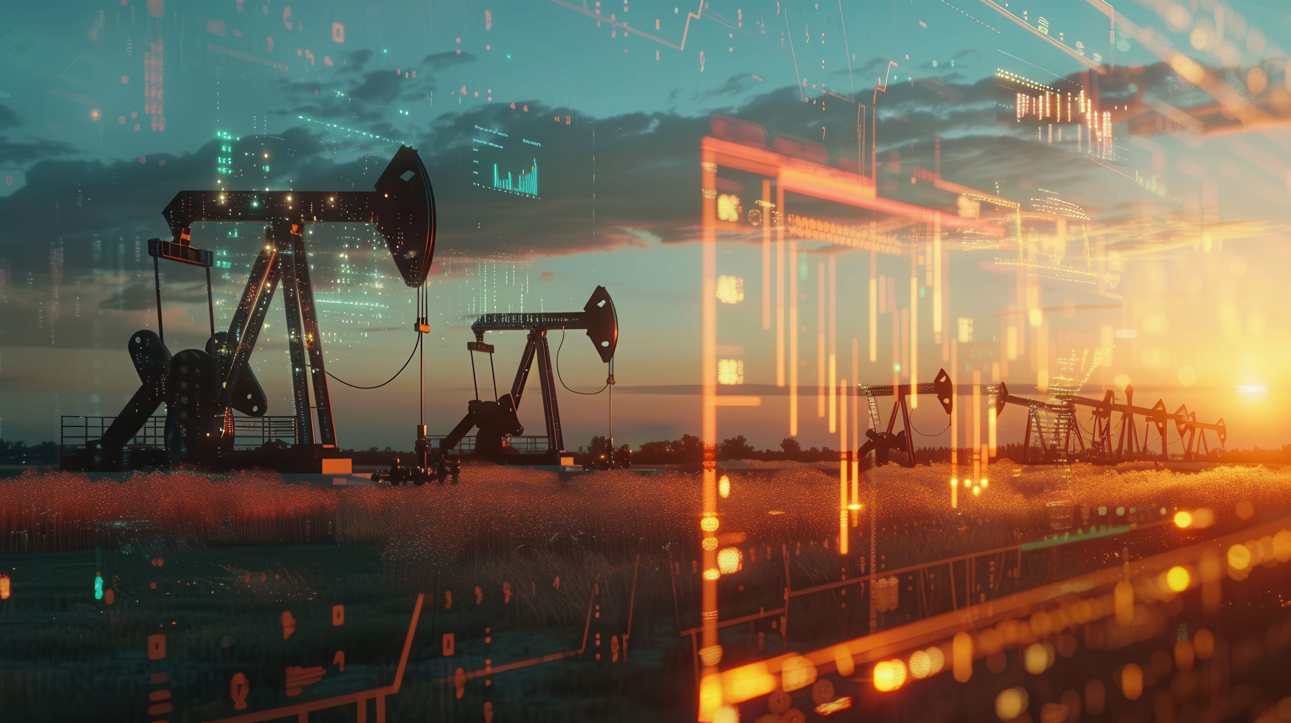 oil pumps in a field at sunset with a digital screen overlay displaying financial charts representing rising gasoline prices. generative ai